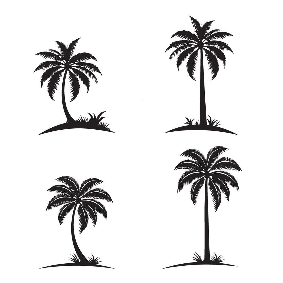 Set of palm or coconut trees silhouette vector