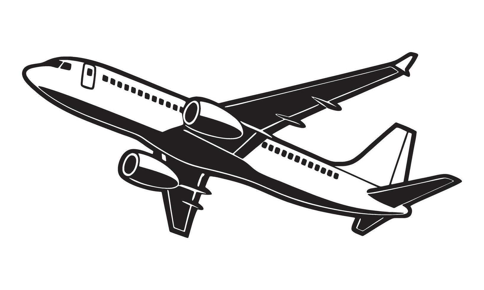 Black and white airplane, passenger plane silhouettes in different directions on isolated background vector