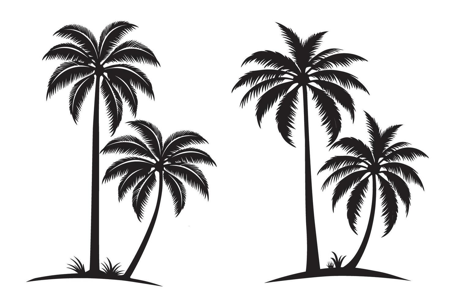 Two Set of palm coconut trees silhouette illustration on isolated white background sea beach vector