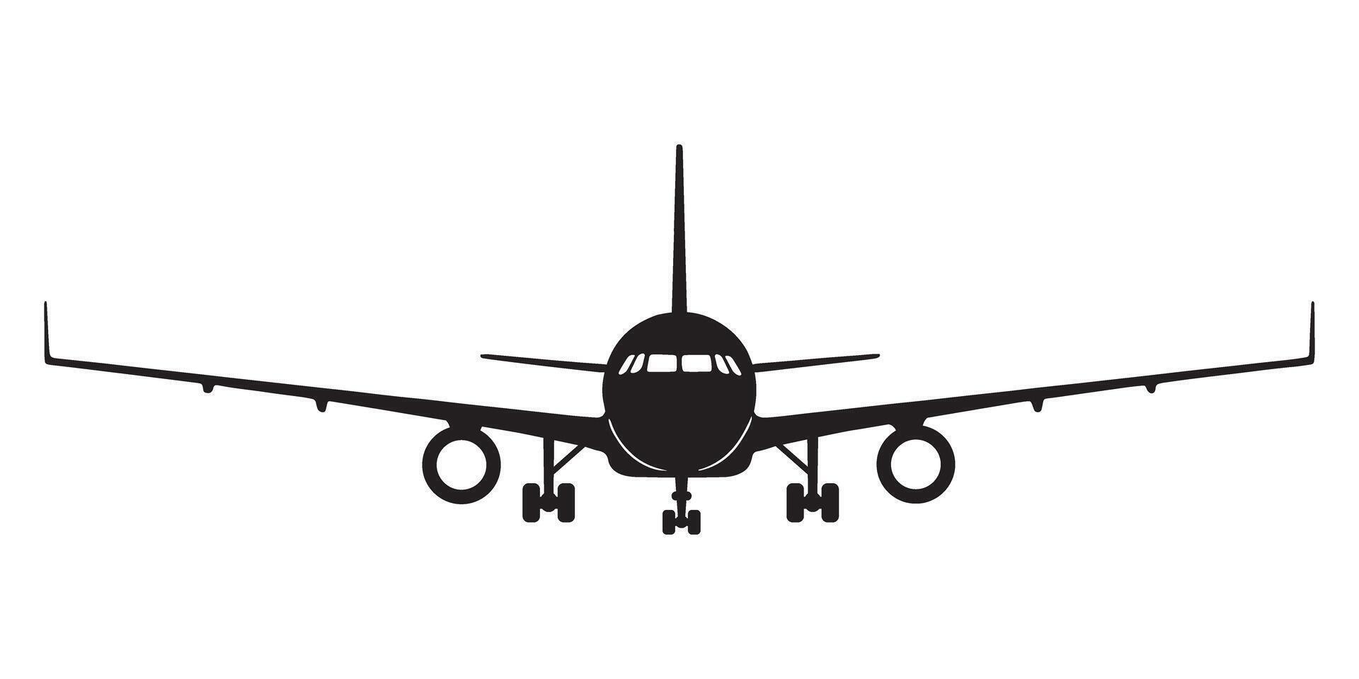 Black and white jet airplane, passenger plane silhouettes in different directions on isolated background vector
