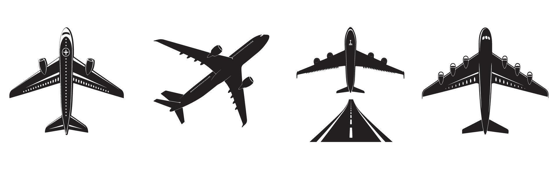Airplane silhouettes in different styles and directions on isolated white background vector