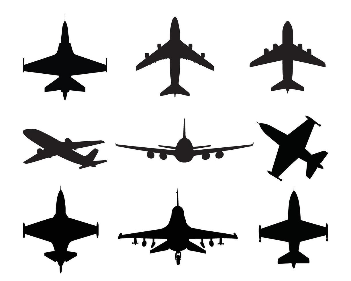 Black white airplane, fighter jet, passenger plane silhouettes in different directions on isolated background vector
