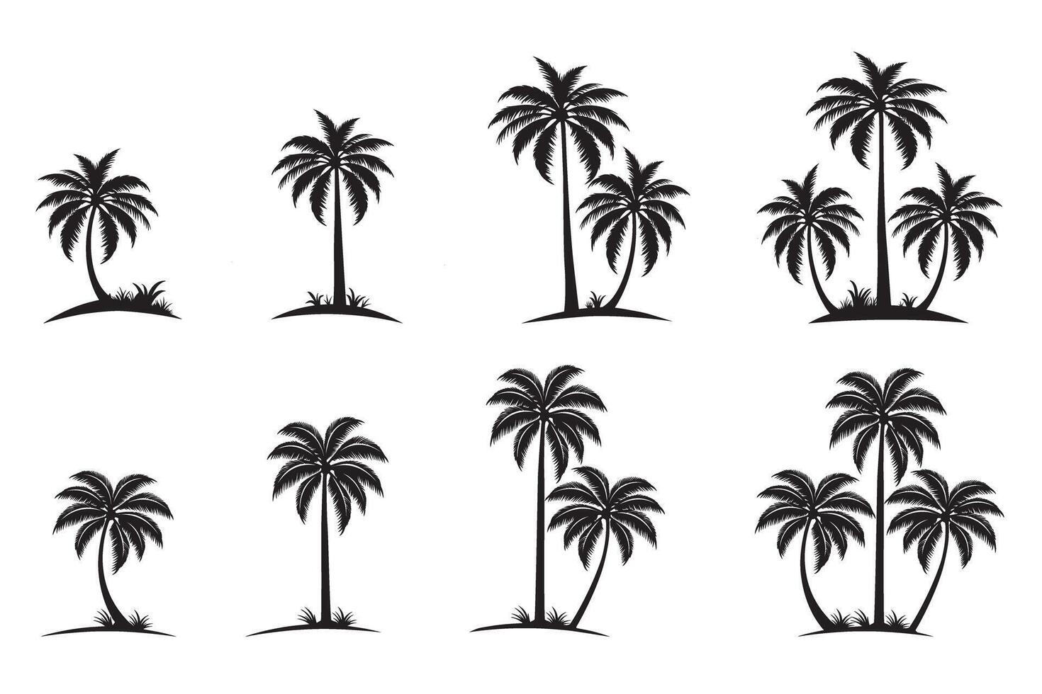 Set of palm coconut trees silhouette illustration on isolated white background sea beach vector