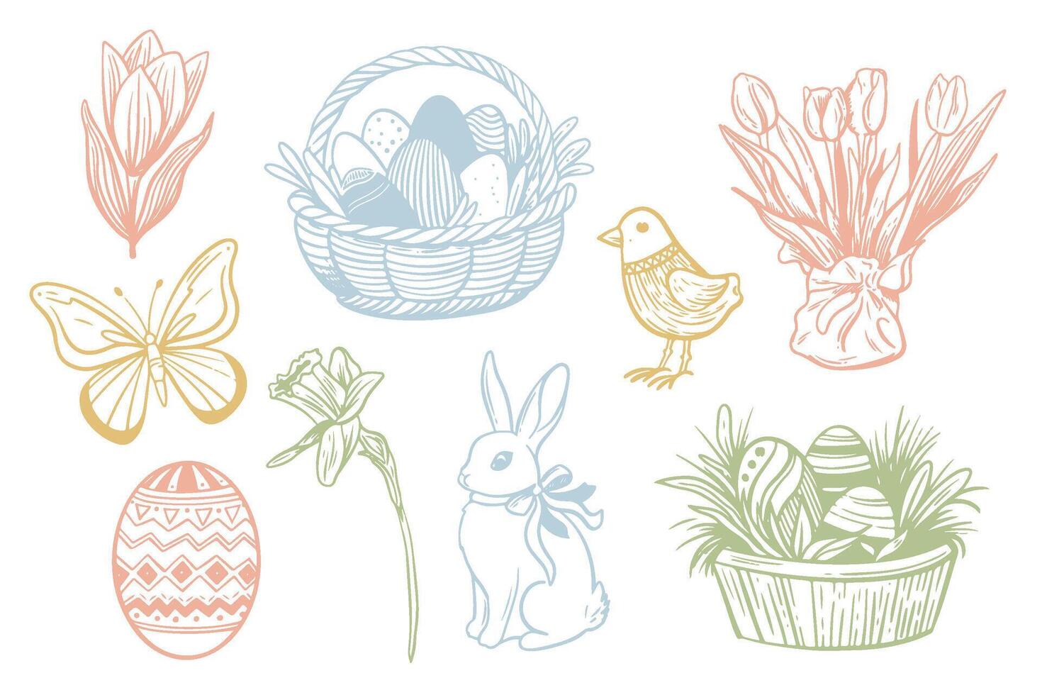 Hand drawn vintage easter elements. Spring collection sketch illustrations. Rabbit, eggs, flowers, butterfly, bird vector