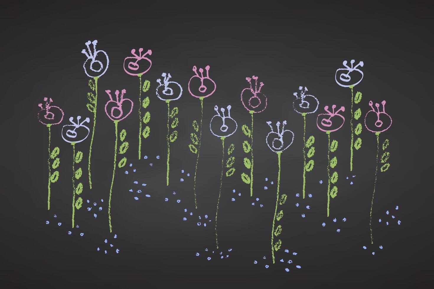 Collection of hand drawn charcoal doodle flower decor shapes Childish girl style. Pencil drawings Color elements on chalkboard. Grunge chalk crayon scribbles doodle textures. illustration vector