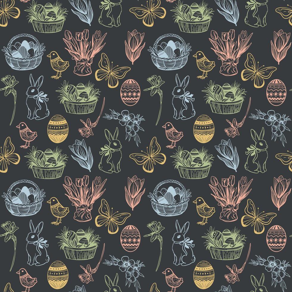 Hand drawn seamless pattern. vintage easter elements. Spring collection sketch illustrations. Rabbit, eggs, flowers, butterfly, bird. grey background vector