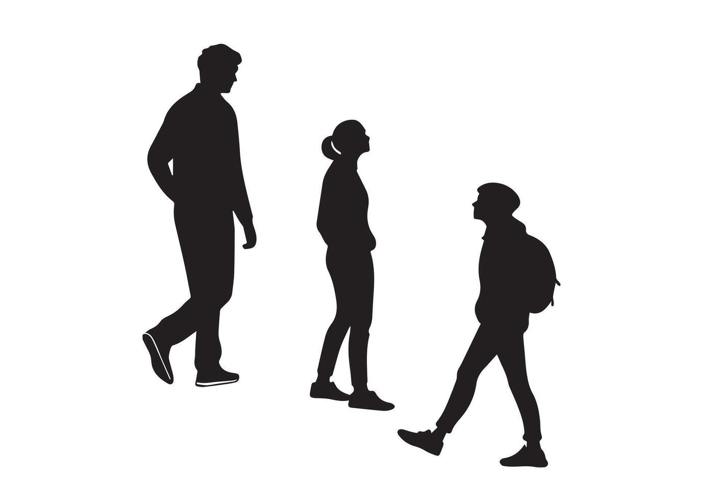 A silhouette illustration of three people walking. The figures appear to represent a man, a woman, and a child carrying a backpack vector