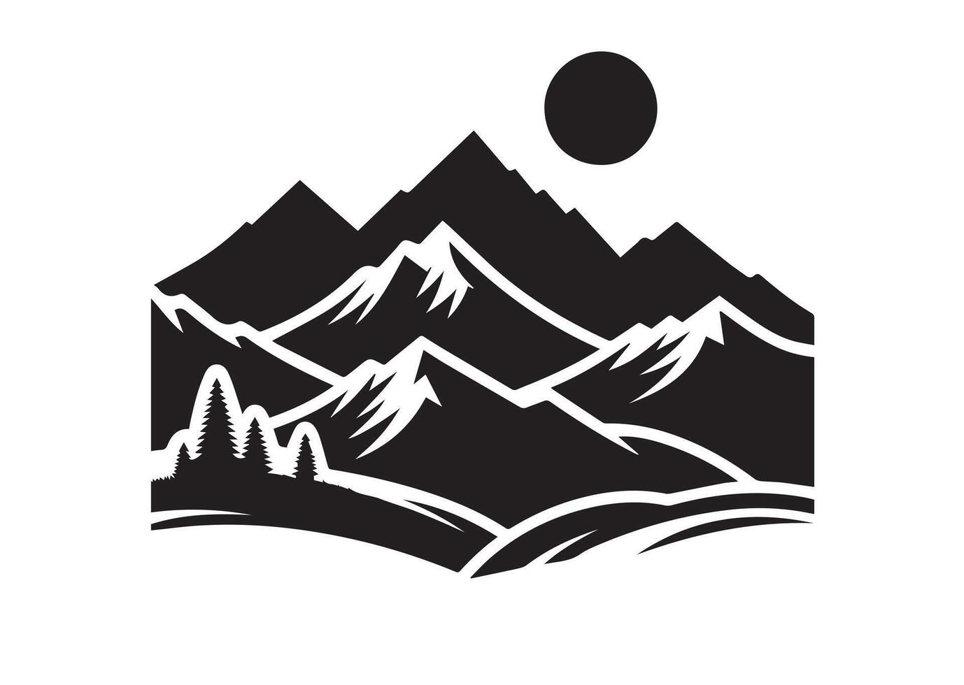 A black and white illustration of a mountain landscape. It features sharp, jagged peaks with snowcaps, a few evergreen trees in the foreground, and a sun or moon in the sky. vector