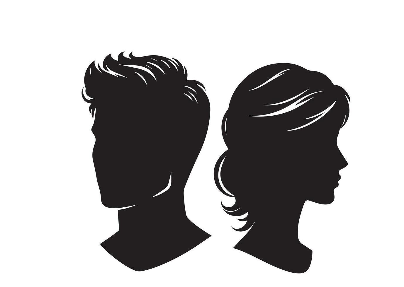 A black and white silhouette illustration of a man and a woman, both shown in profile. vector