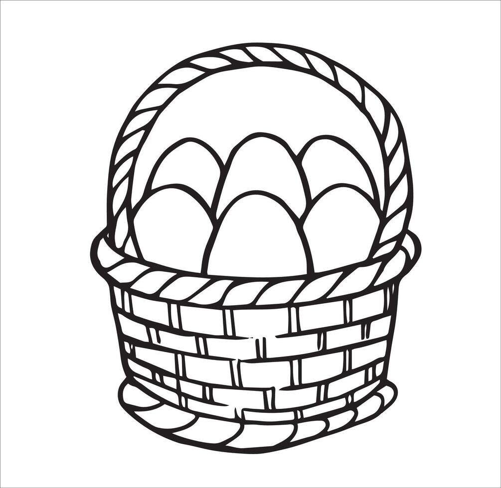 wicker basket with farm eggs, cute doodle illustration vector