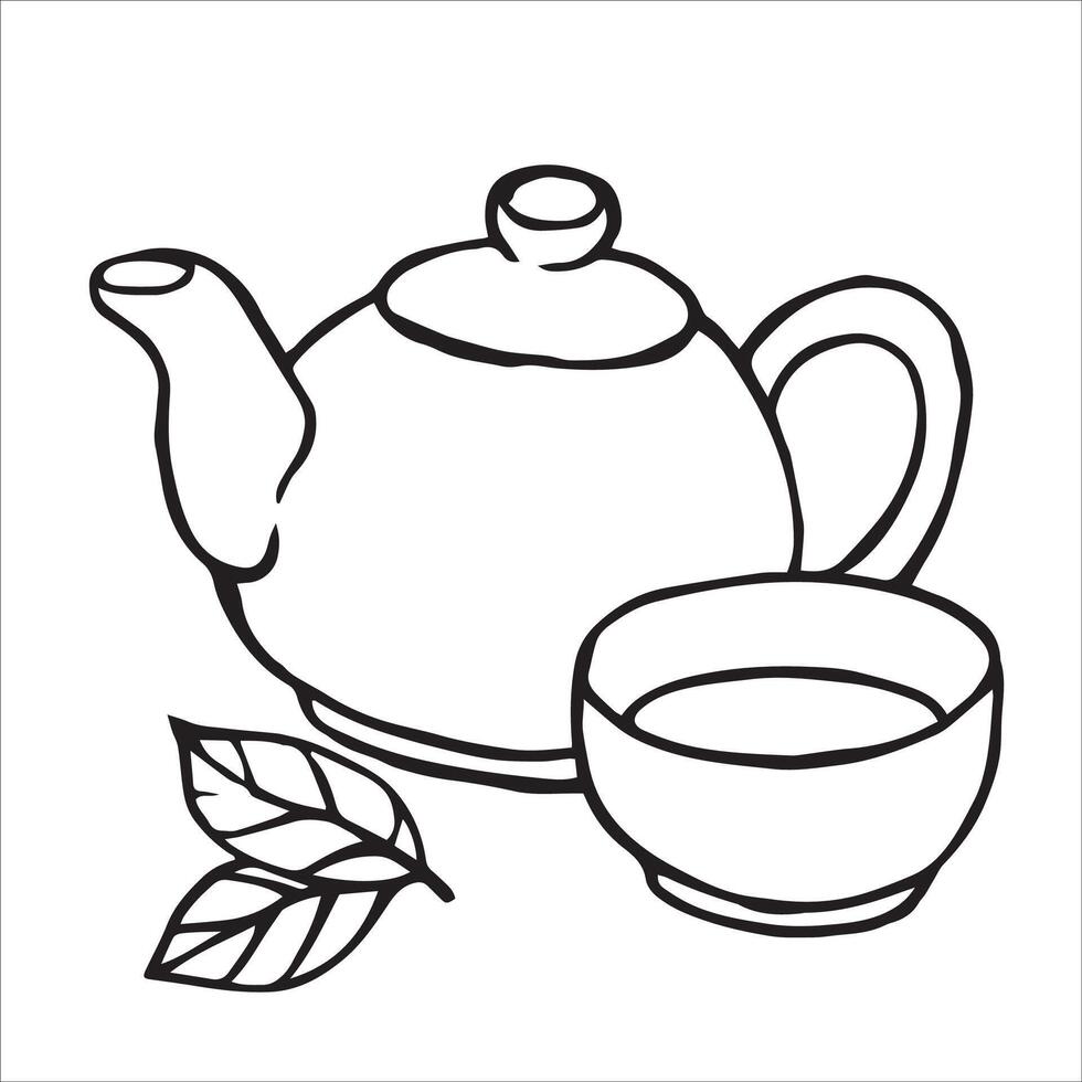teapot and cup with green tea. cute doodle illustration vector