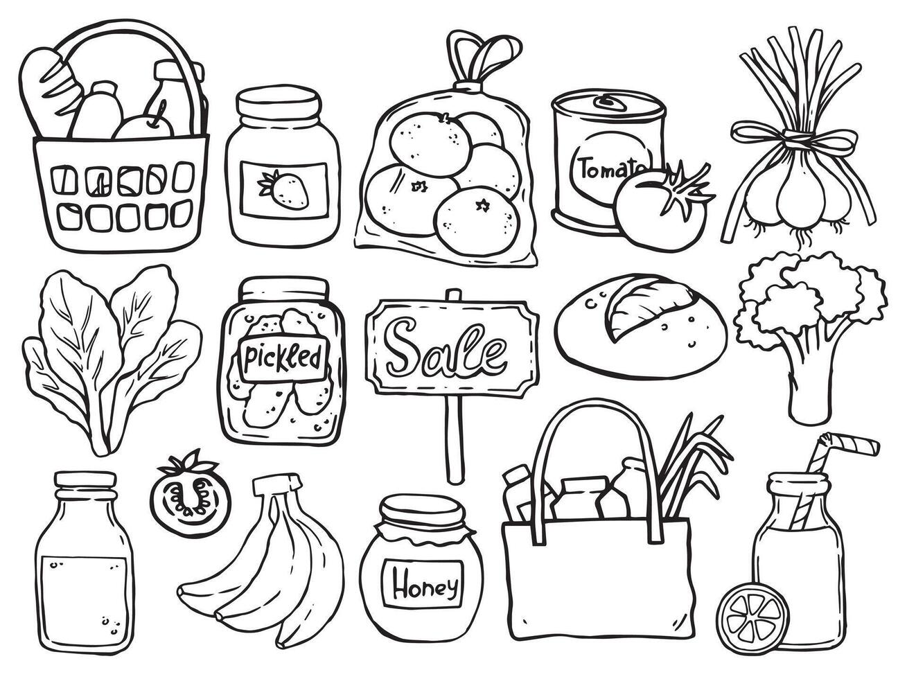 set of illustrations on the theme of shopping, grocery store. cute doodle drawings vector