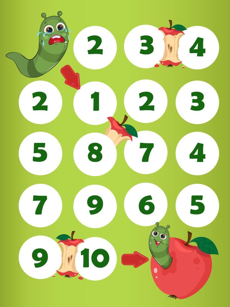 Kids game labyrinth. Cute green worm with apple. Children education. Logic lessons. Preschool exercise. Mathematic vector