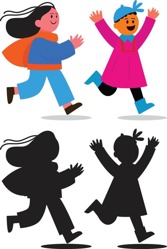Two children running and their silhouettes, joyful and playful. vector