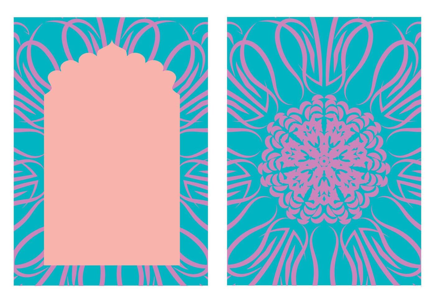 Indian blue pastel pink window frame with floral patterns in Mughal style, oriental decorative design template, place for text card, wedding invitation vector