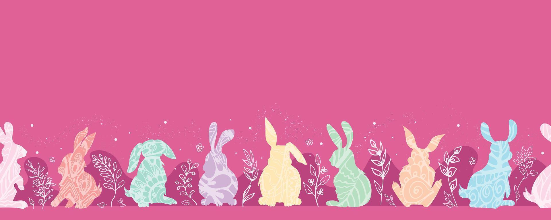 Bunnies with twigs, pink seamless border vector