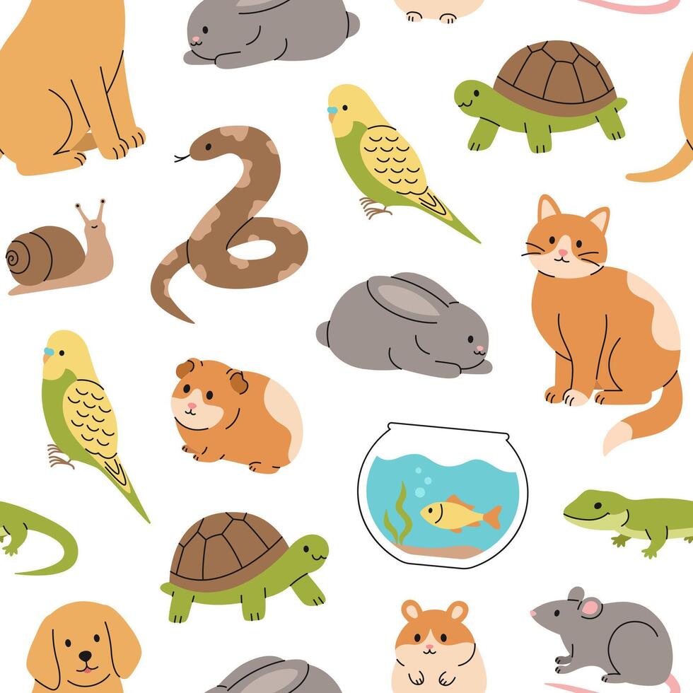 Seamless pattern with cute pets cat, dog, rabbit, guinea pig, hamster, rat, parrot, fish, snake, turtle, lizard and snail. Cartoon domestic animals. Flat illustration on white background vector
