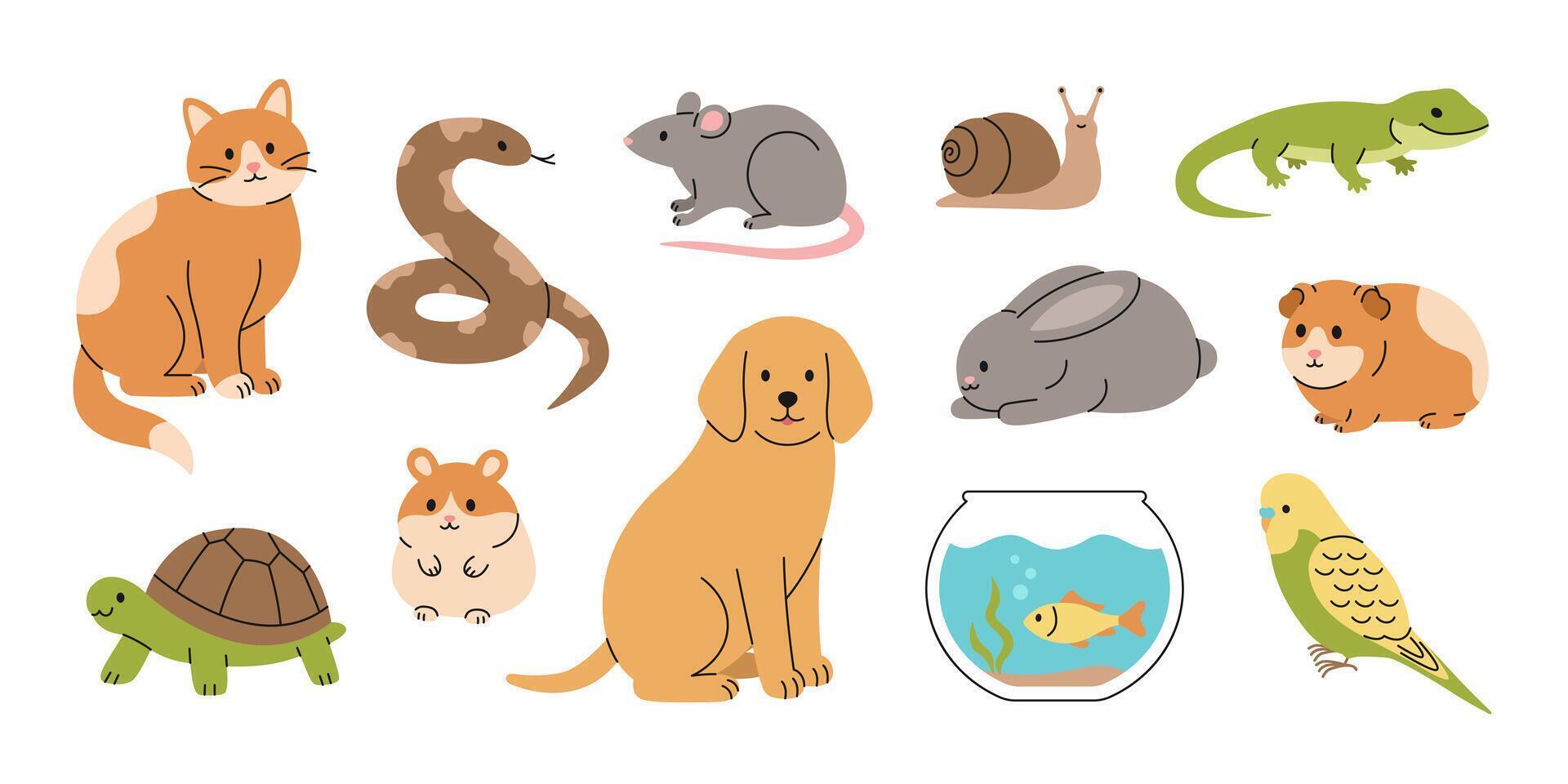 Cute pet set cat, dog, rabbit, guinea pig, hamster, rat, parrot, fish, snake, turtle, lizard and snail. Cartoon domestic animals collection. Flat illustration isolated on white background vector