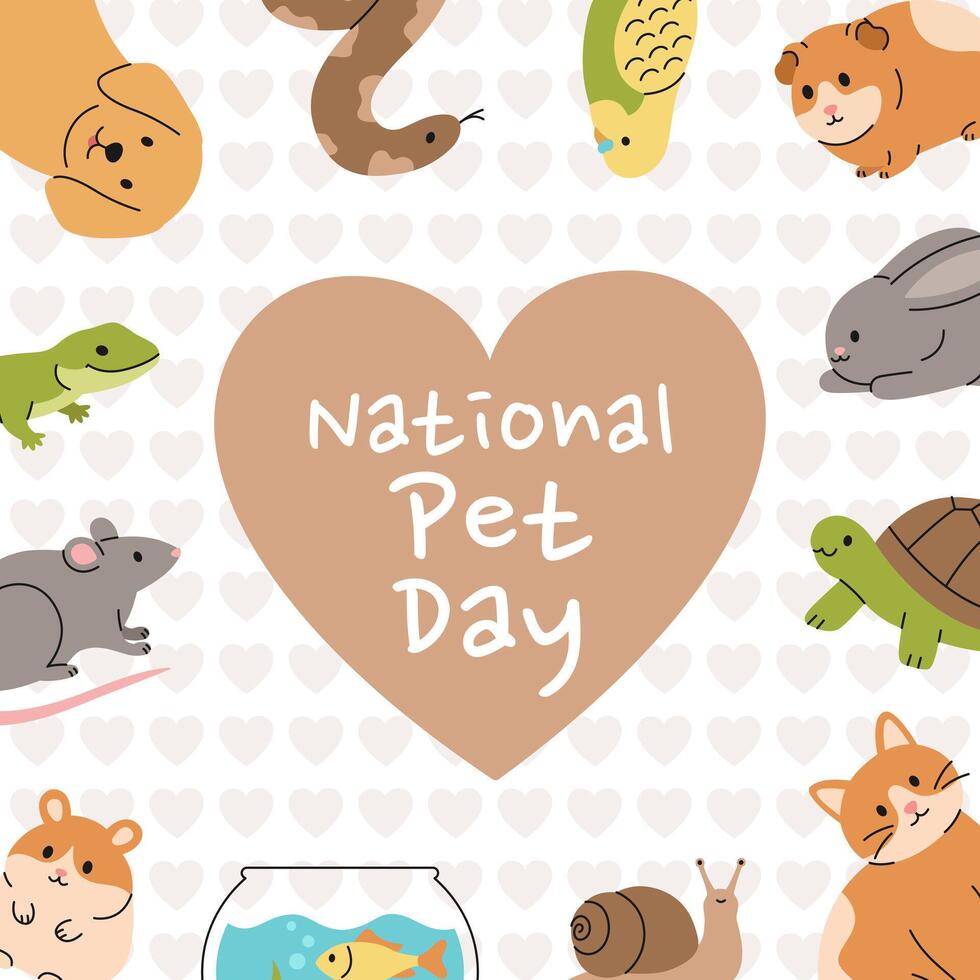 National Pet Day. Holiday design with heart and different cute domestic animals for social media post, banner, poster, greeting card. Flat illustration isolated on white background vector