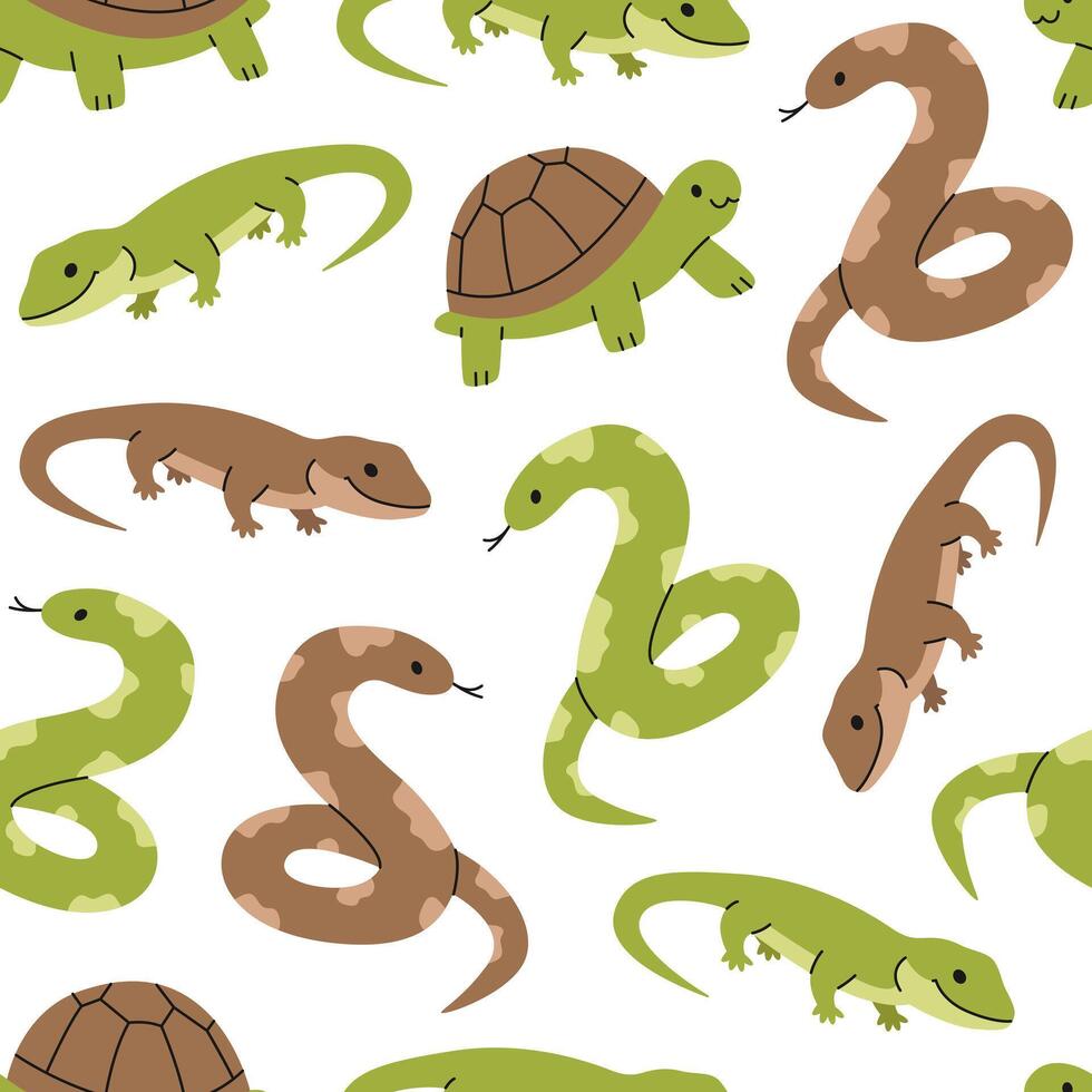 Seamless pattern with cute green and brown reptiles snakes, lizards, turtles. Tropical wild animals. Wildlife or zoo. Exotic pets. Flat illustration on white background vector