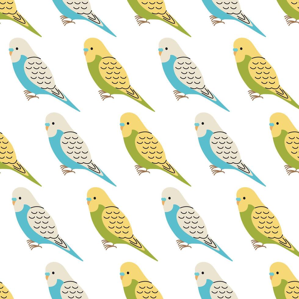 Seamless pattern with cute green and blue budgerigars on white background. Tropical wild parrots. Wildlife or zoo. Exotic birds. Flat illustration for wallpaper, textile, packaging vector