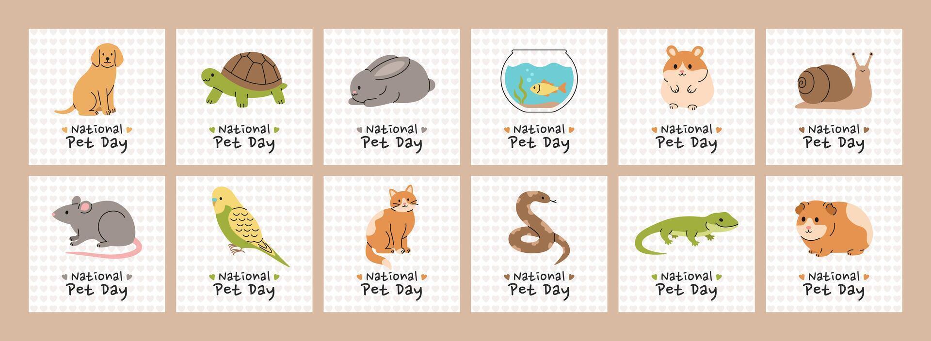 National Pet Day. Set of holiday designs with different cute domestic animals for greeting cards, posters, banners, social media posts. Flat illustration isolated on white background vector