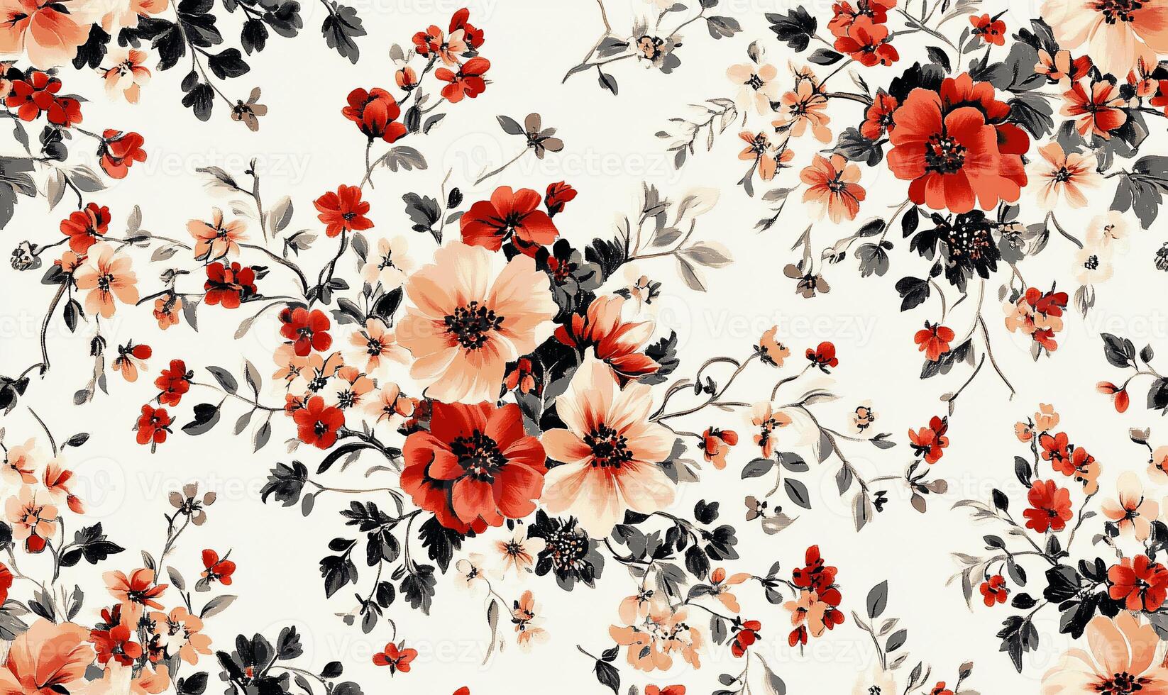 Floral pattern with various shades of red and peach blossoms on a cream background. Detailed botanical illustrations photo