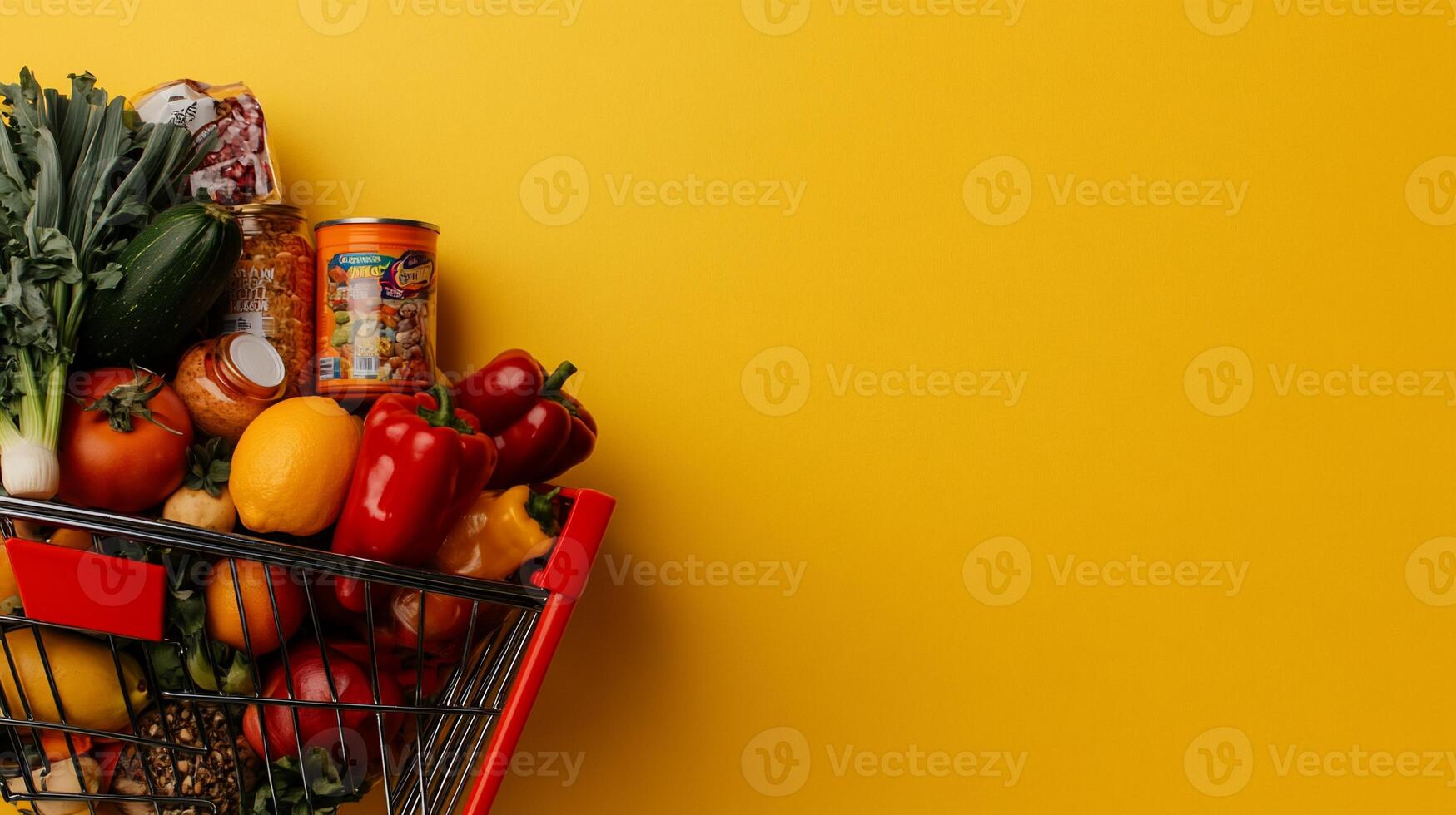 Grocery shopping cart overflowing with fresh produce and canned goods photo