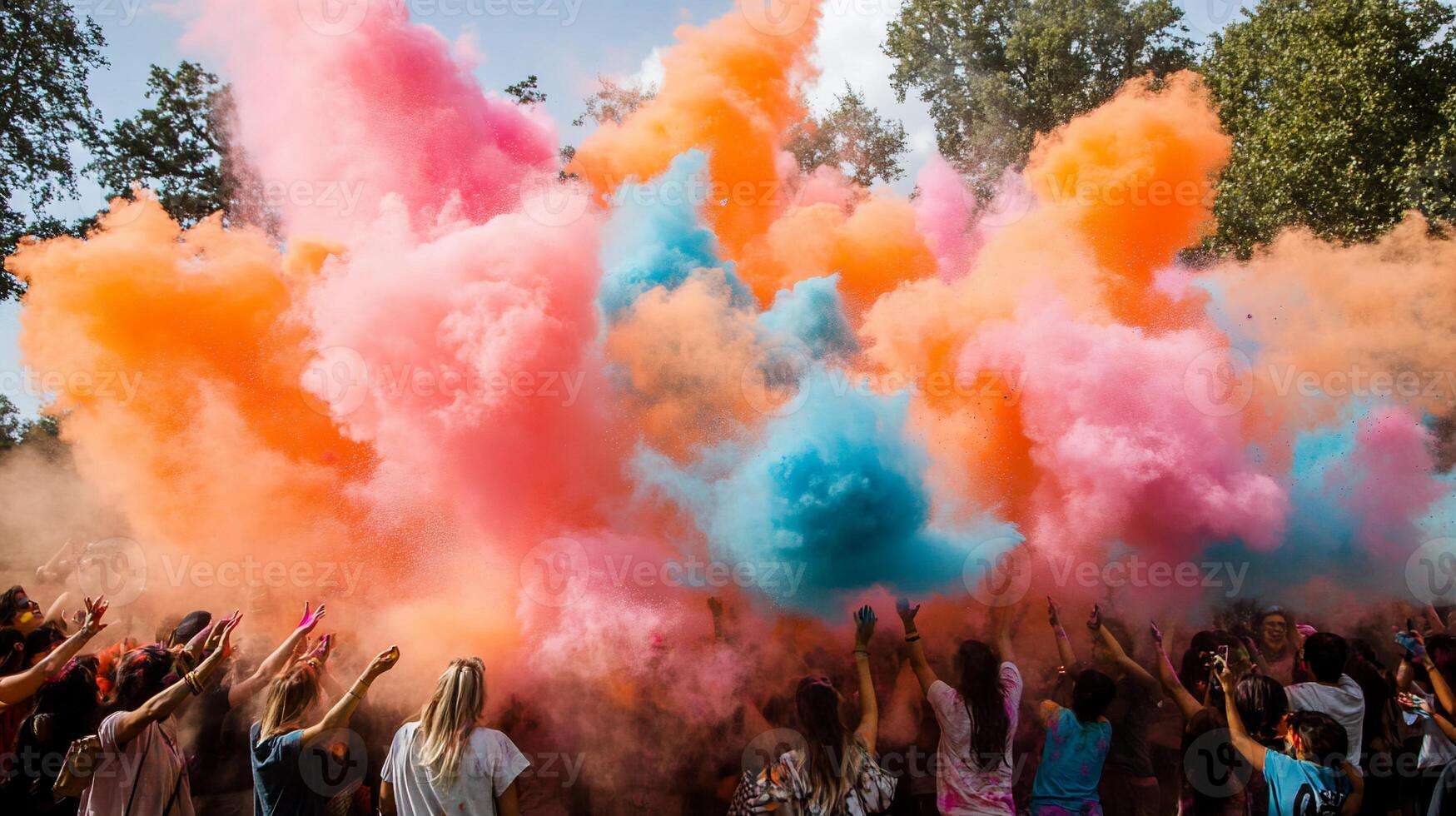 Colorful powder explosion fills the air, vibrant hues of joy photo