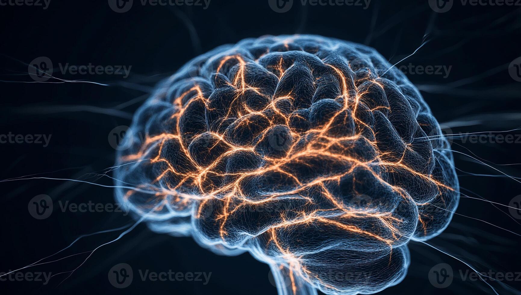 3D rendering of an active brain, highlighting neural pathways with glowing energy photo