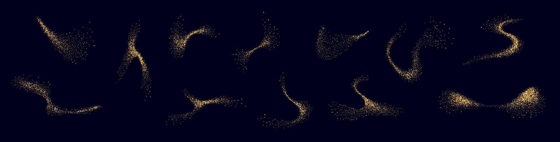 Golden dust and glitter trail with sparkling stars and light waves. luxurious glow and twinkle effect . Flat illustration isolated vector