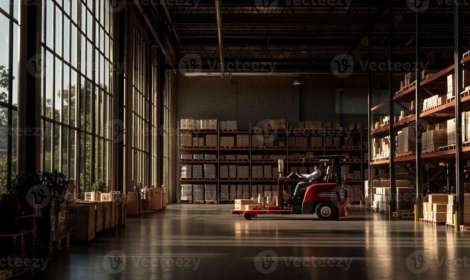 Warehouse worker operating forklift in a spacious distribution center photo