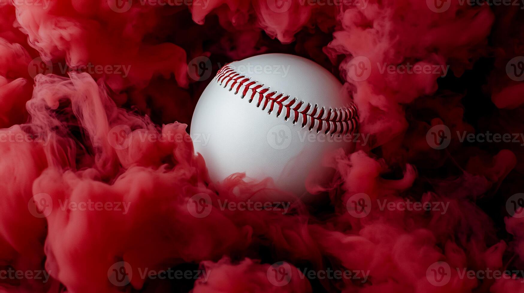 A baseball is in a red smokey background photo