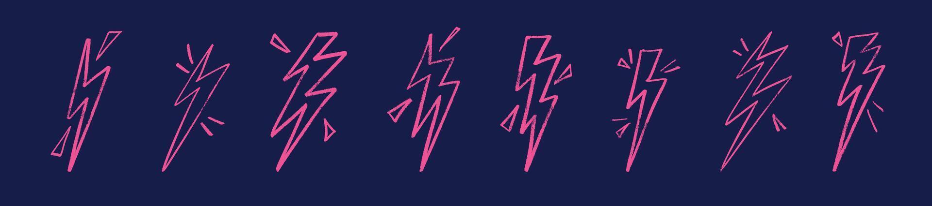 Pink outline Lightning drawn electric energy flash. Hand-sketched thunder bolt doodle icon. Flat illustration isolated vector