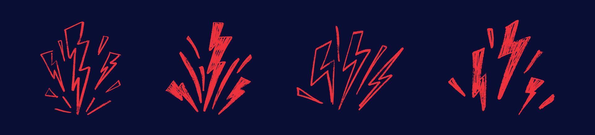 Red Lightning bolt retro collection. Hand-drawn thunder flash electric icons set. Flat illustration isolated vector