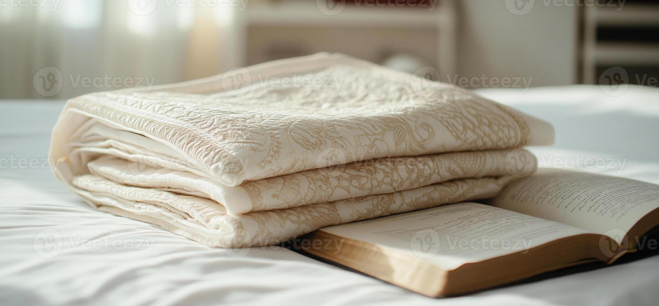 Folded cream-colored blanket on a bed photo