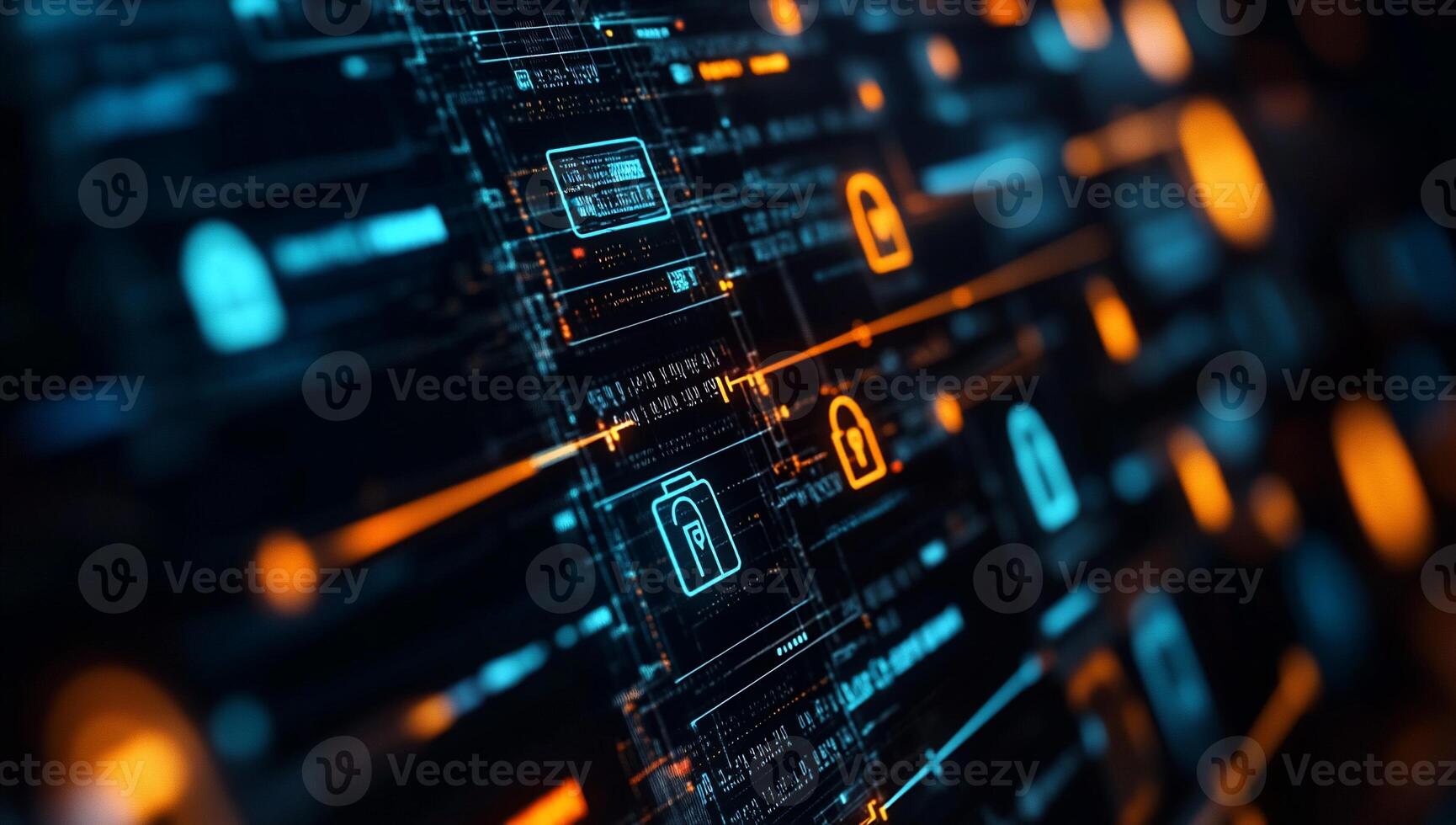 Futuristic digital interface with security and data visualization. Complex network of interconnected data streams, security protocols, and authentication elements displayed on a dynamic interface photo