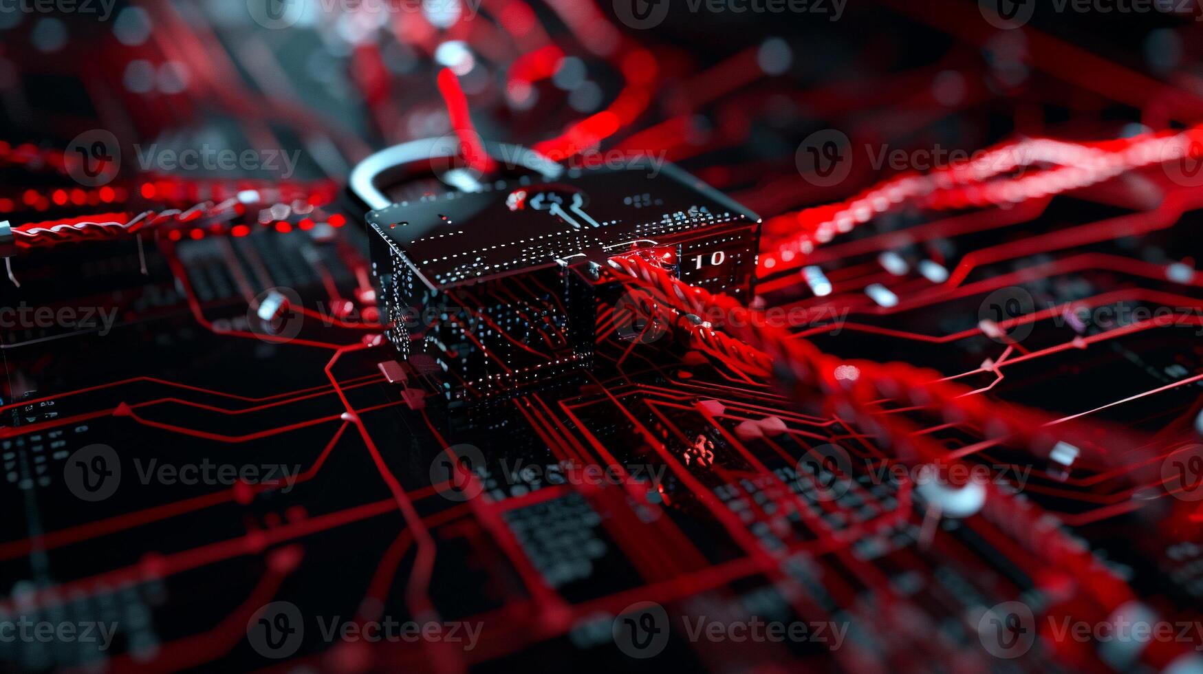 Cybersecurity, network, and data protection. Complex circuit board with a padlock, symbolizing digital security vulnerabilities photo