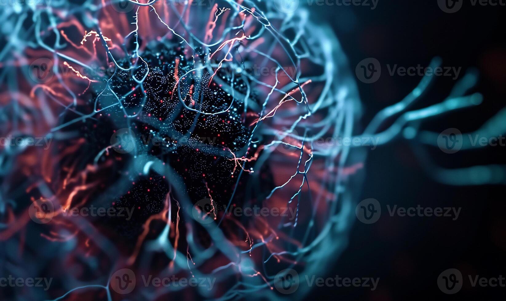 Abstract representation of a cell's intricate structure. Complex network of filaments and particles photo