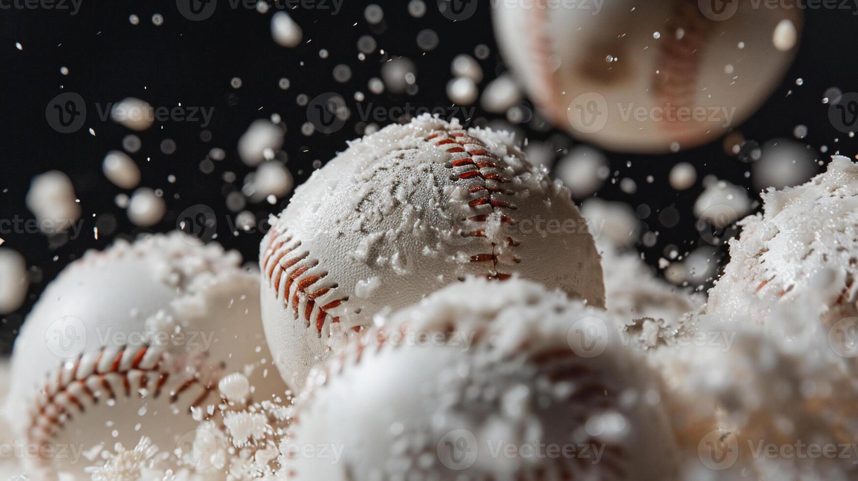 Baseball balls covered in snow, flying through the air and landing in a pile of snow photo