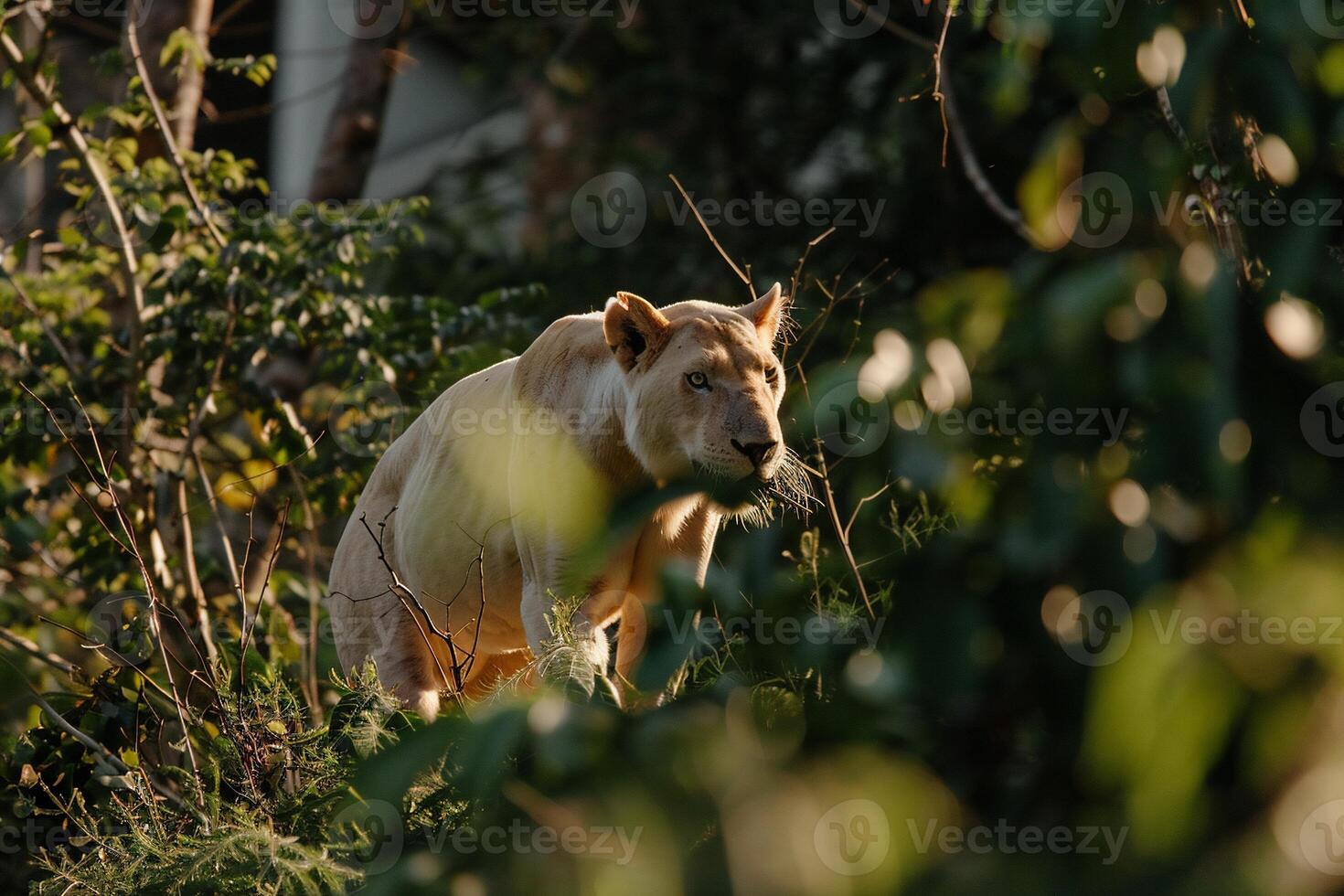 White lioness in a lush jungle photo
