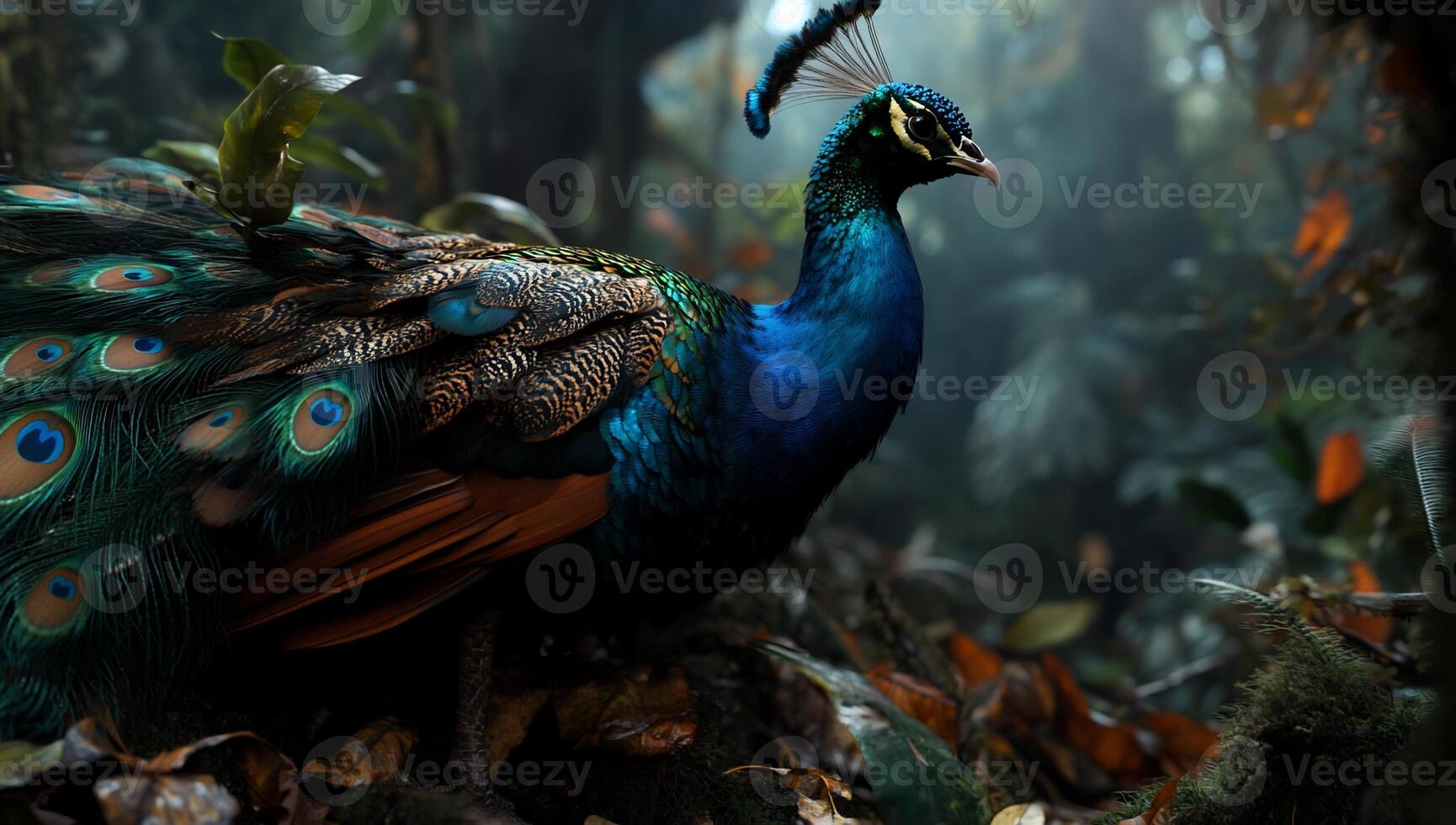 Majestic peacock in a lush, misty forest photo