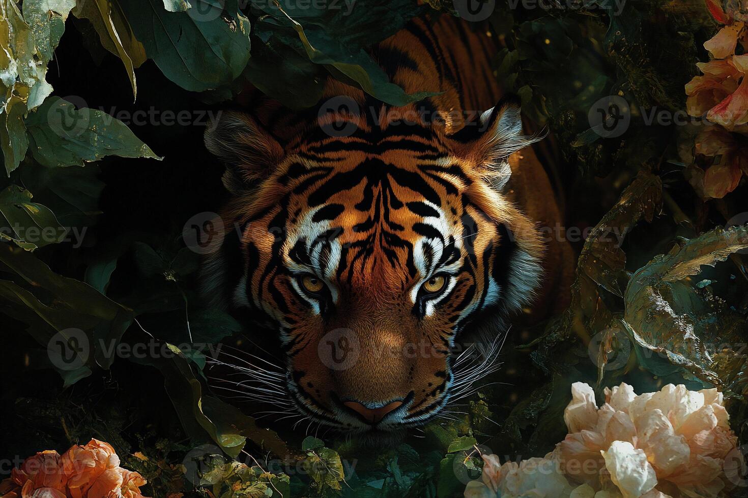 A tiger is in the middle of a bunch of flowers photo