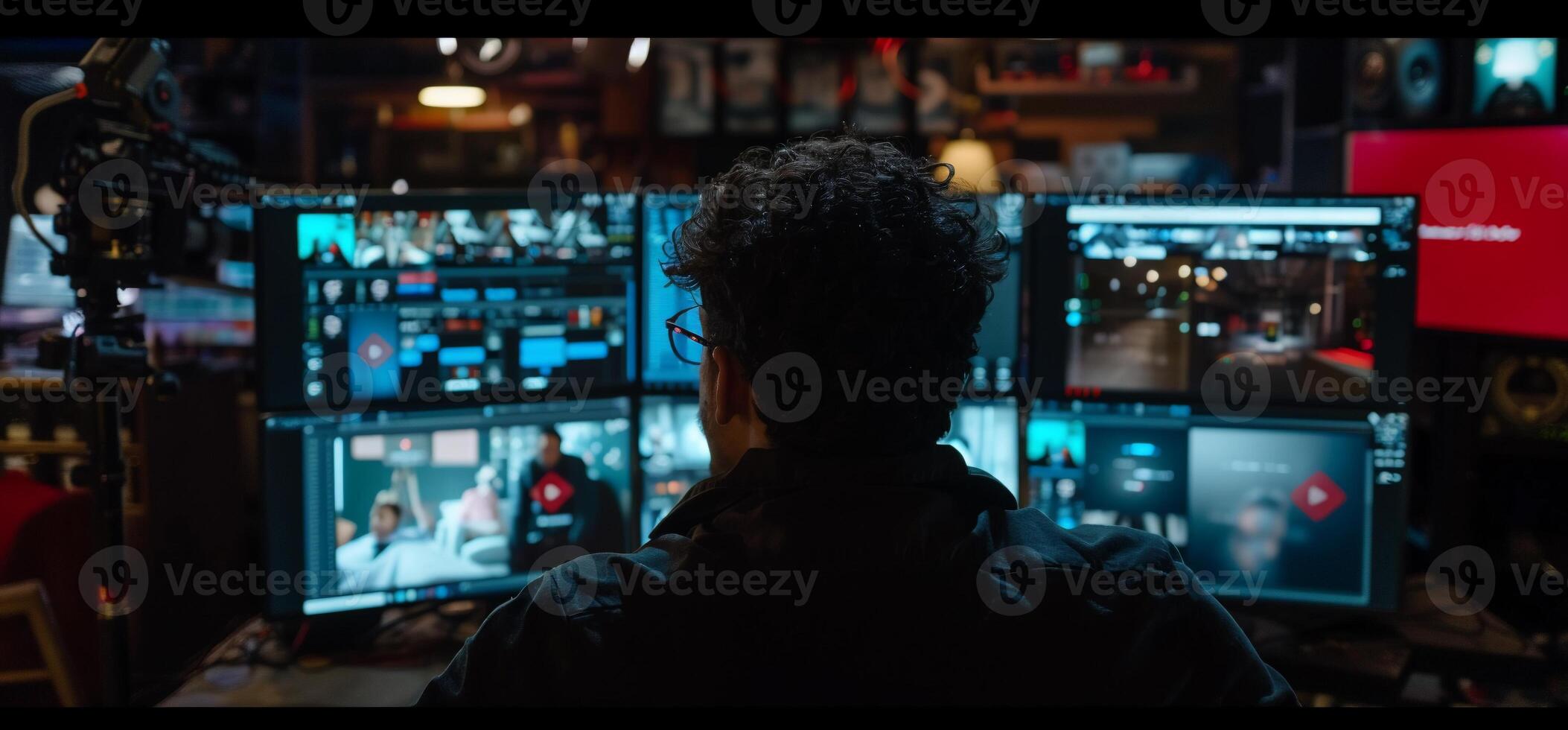 A man is sitting in front of multiple monitors photo