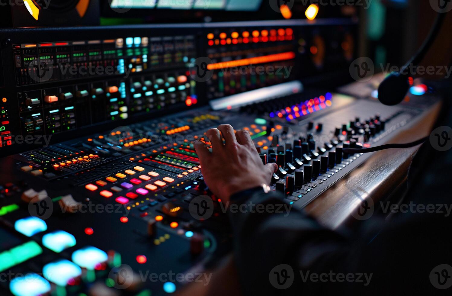 A person is using a mixing board in a studio photo