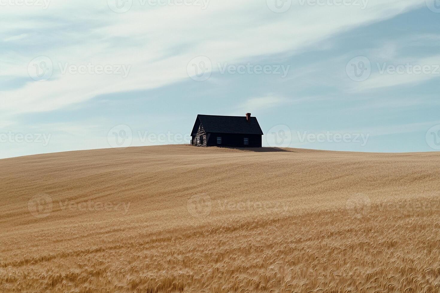 Small dark house on a golden hill photo