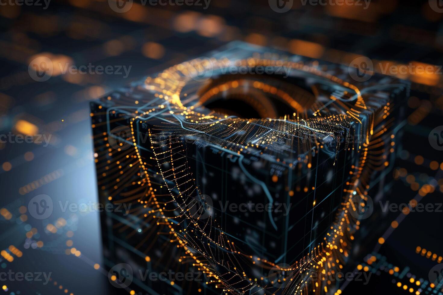 Abstract digital cube, intricate circuitry photo