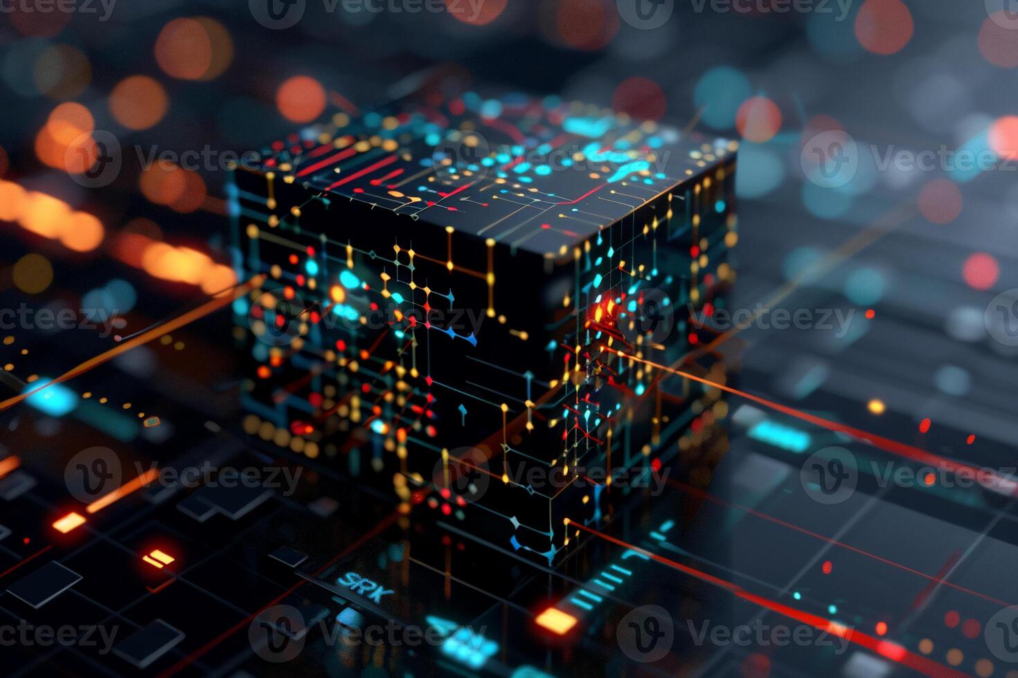 Complex digital cube on a circuit board photo