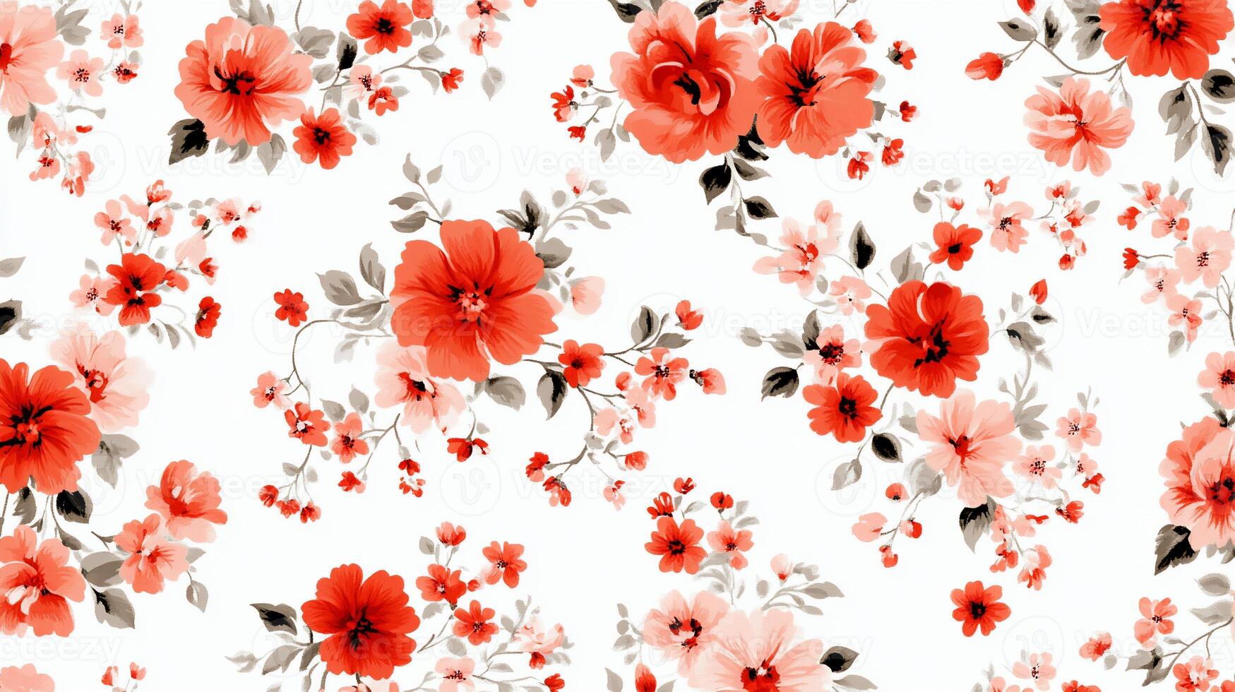 Floral print fabric design. Delicate, repeating pattern of roses and small flowers in coral, blush, and grey tones on a white background photo