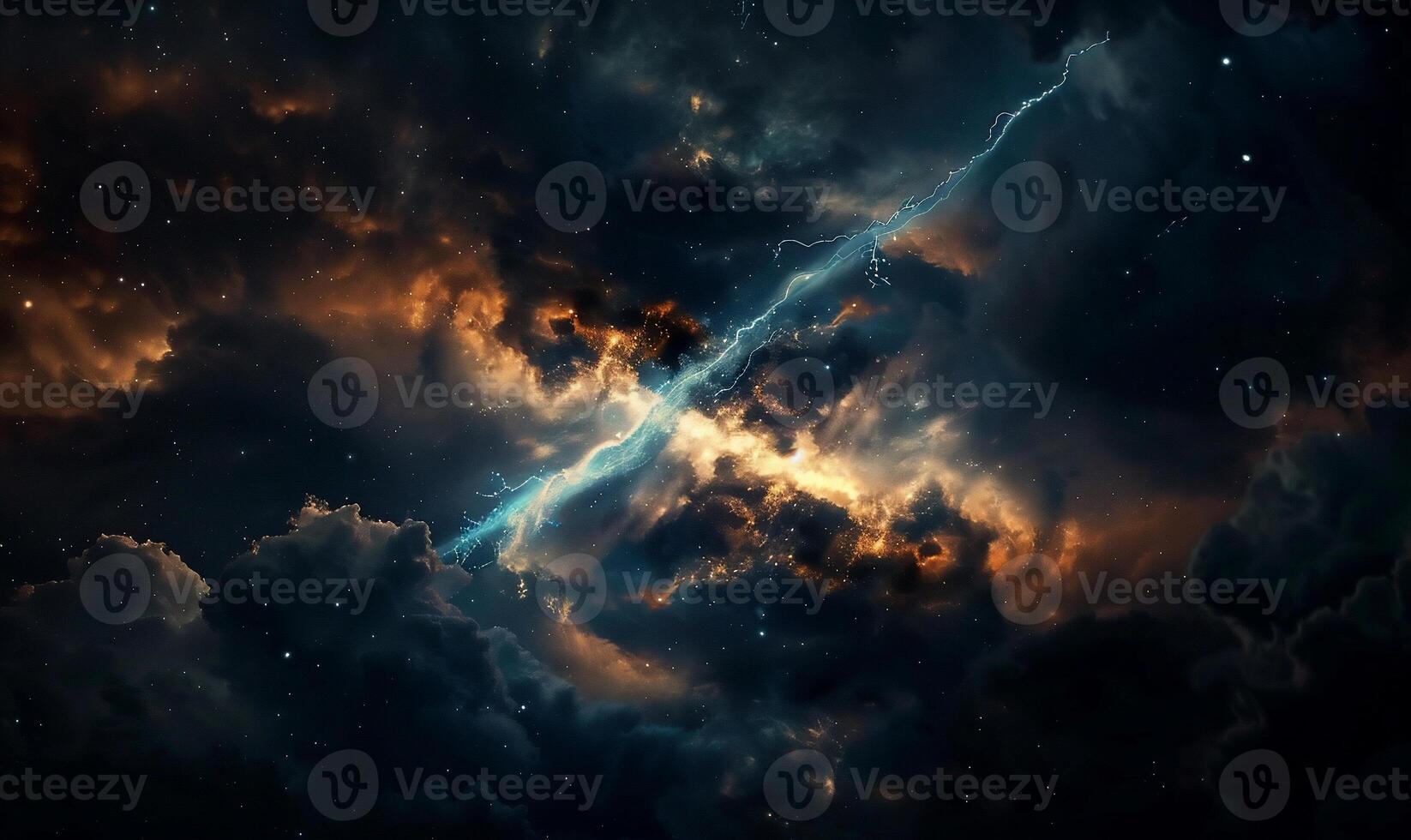 Cosmic storm clouds, vibrant nebula, dazzling light, space lightning photo